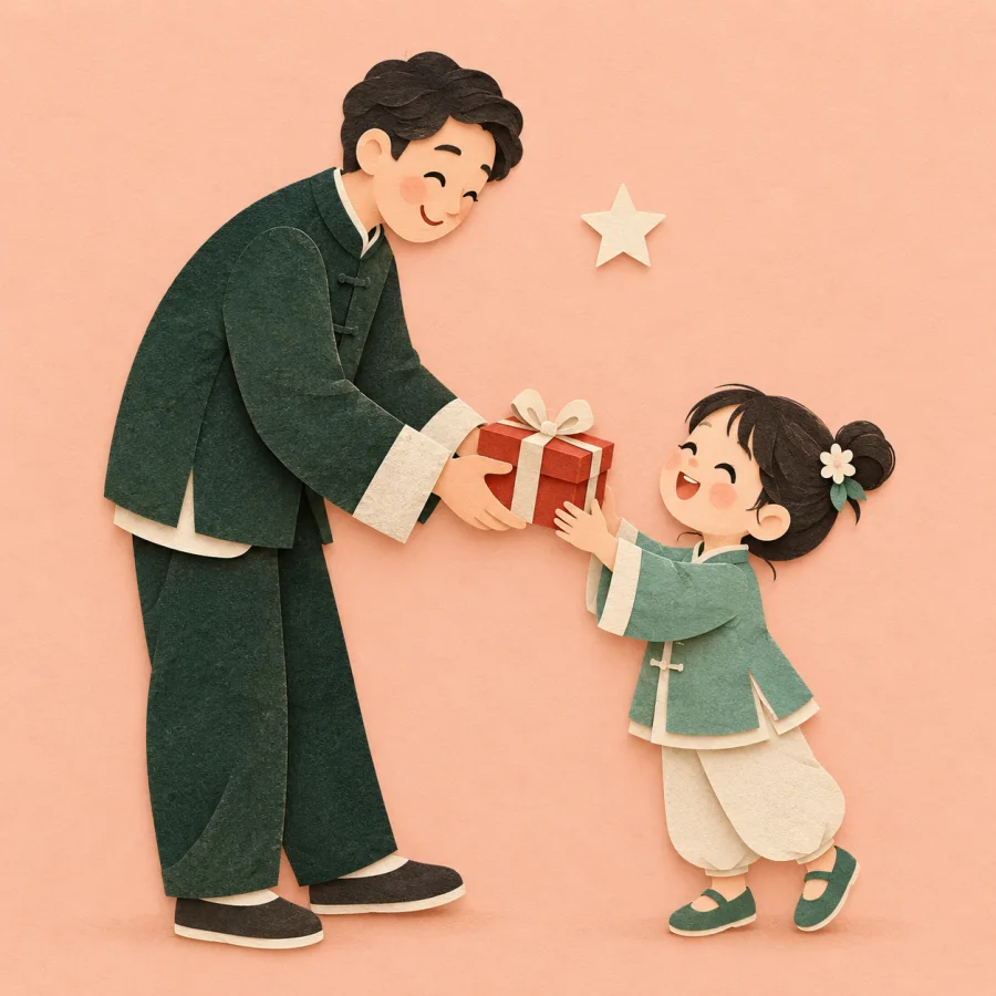 A person hands a child a gift box with a red ribbon