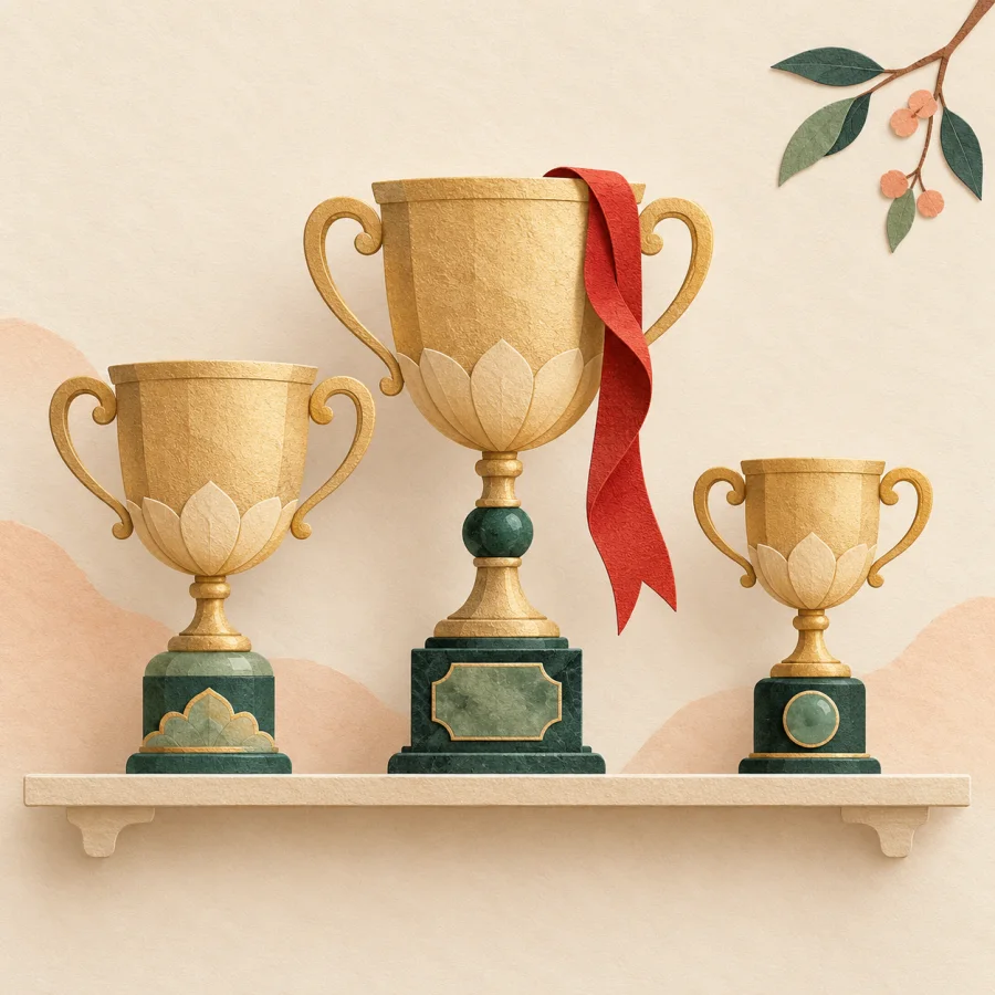 Three trophy cups of different sizes on a shelf