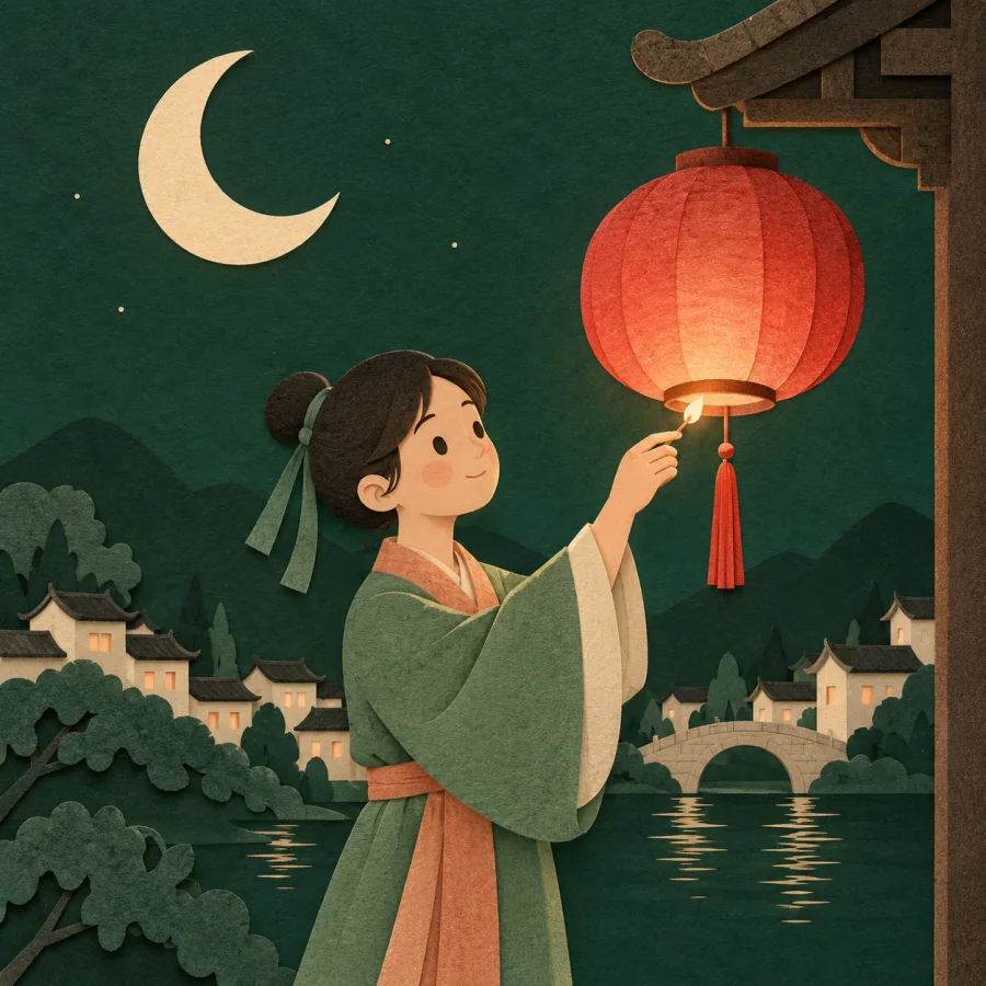 Night settles over a village as a person lights a lantern