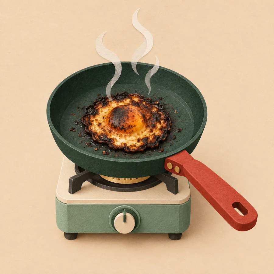A burnt egg in a pan with wisps of smoke