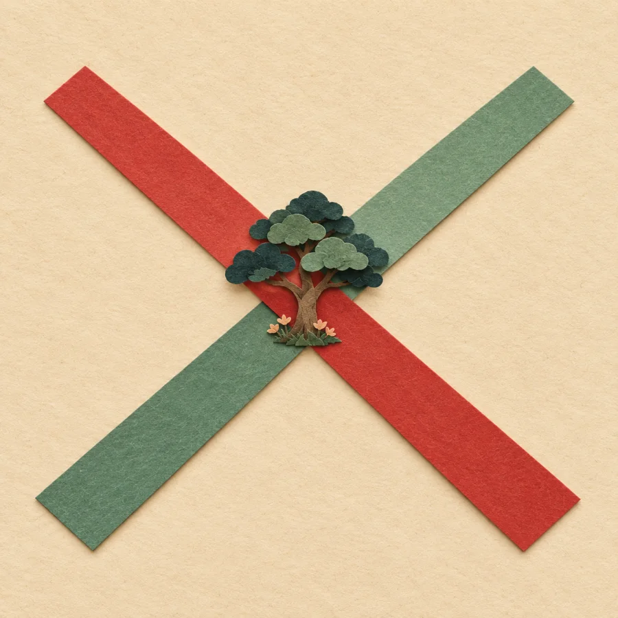 Two roads cross in an X in the middle of a field
