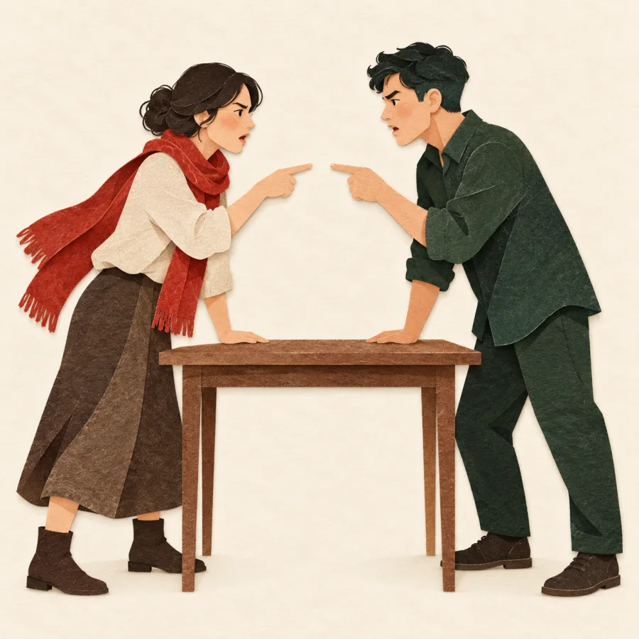 Two people stand face to face in a heated argument
