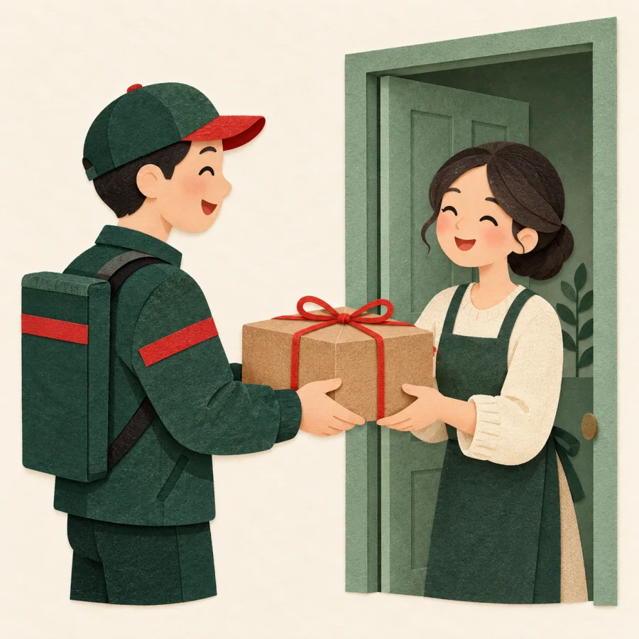 A courier hands a parcel to a smiling person at a door