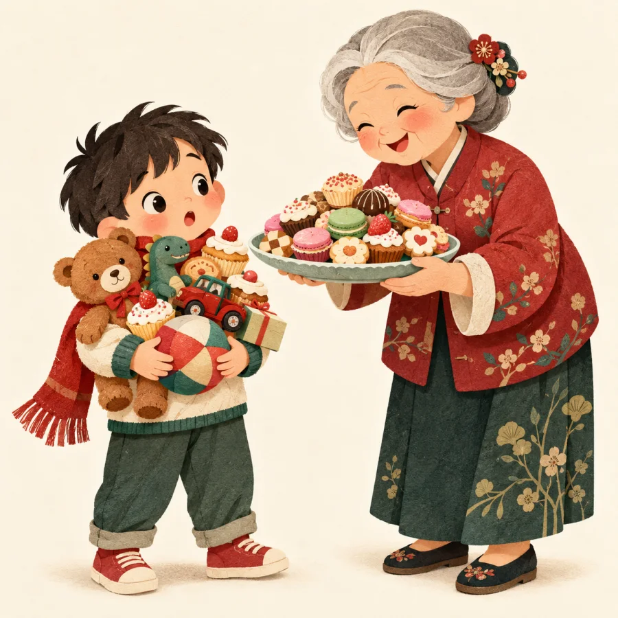 An older person feeds sweets to a child surrounded by toys