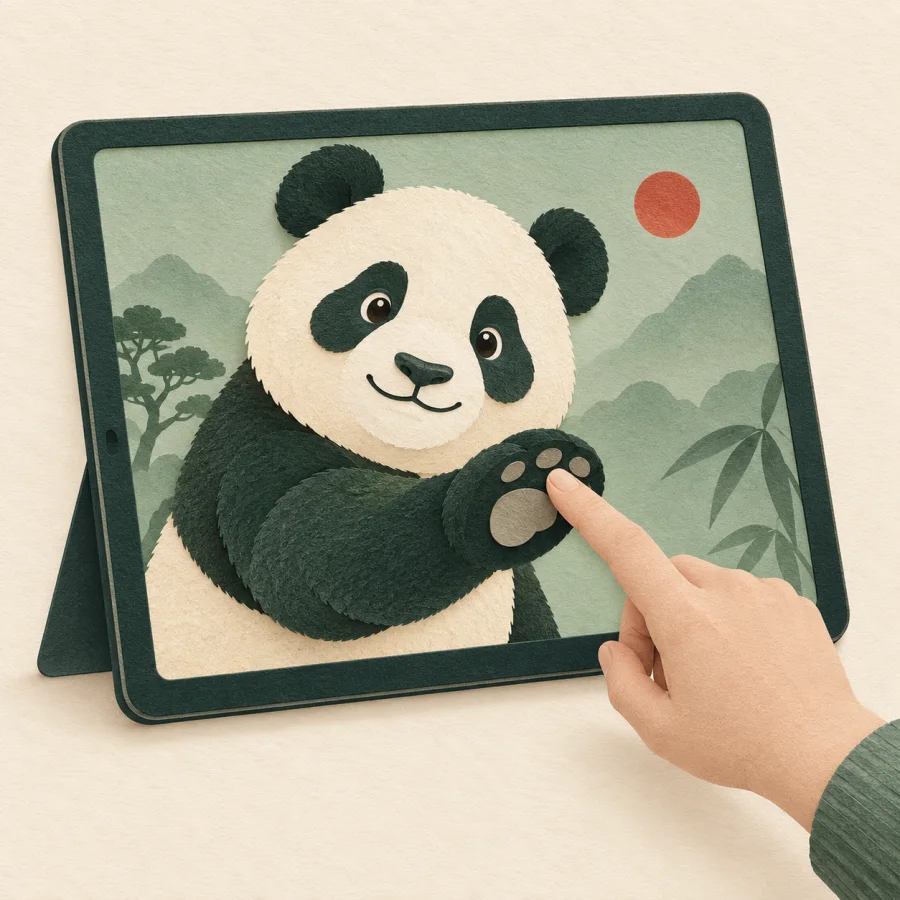 A person touches a screen and the animal on it reaches back