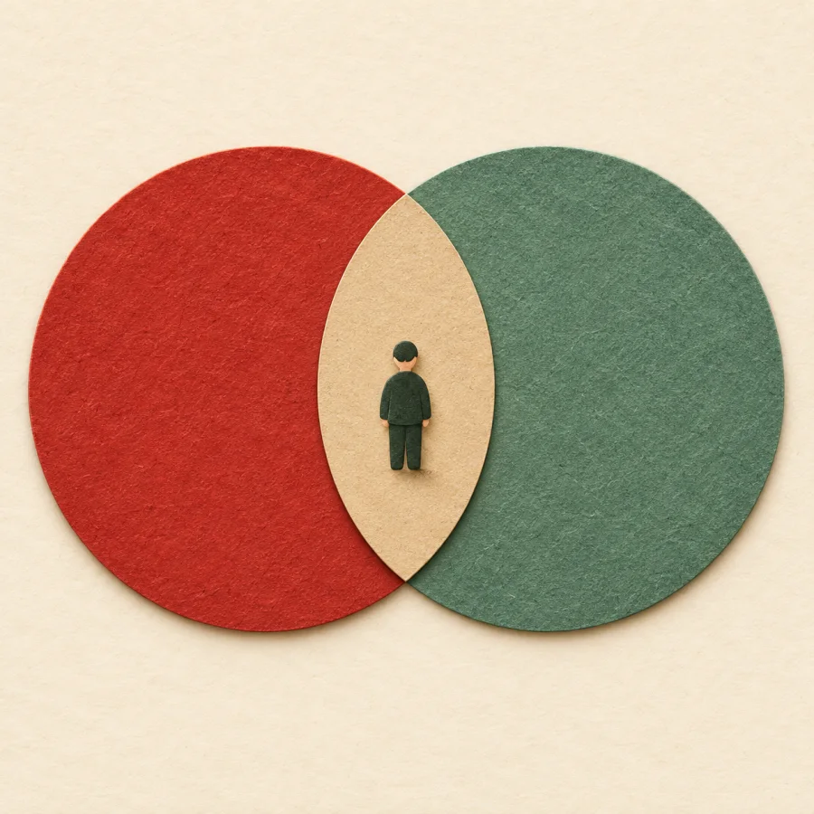 Two overlapping circles with a person on the shared middle