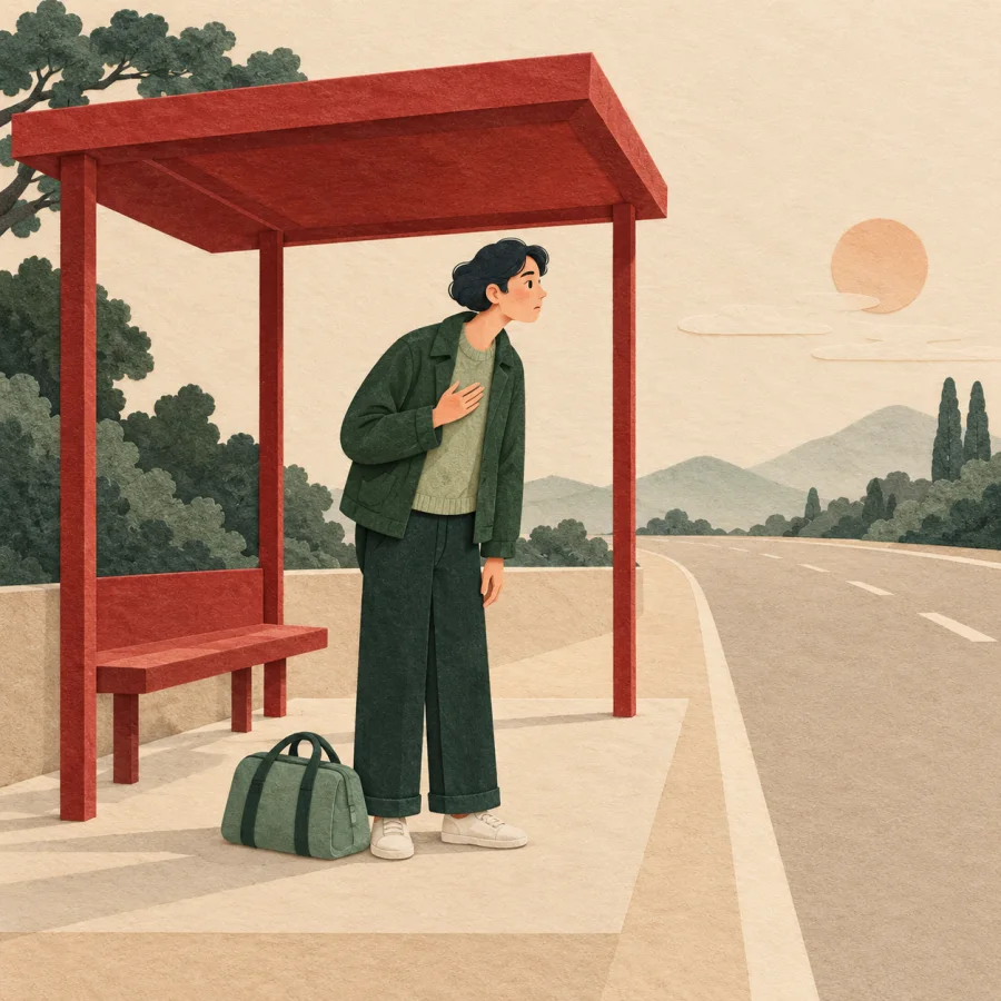 A person at a bus stop looks anxiously down the road