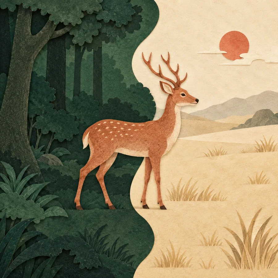 A dark forest meets a pale grassland, with a deer at the border