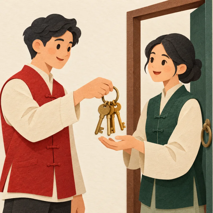 One person hands a ring of keys to another