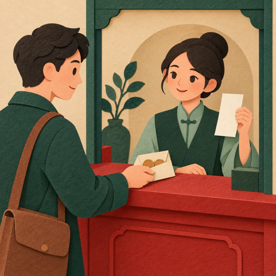 A person at a window slides an envelope of money to a clerk
