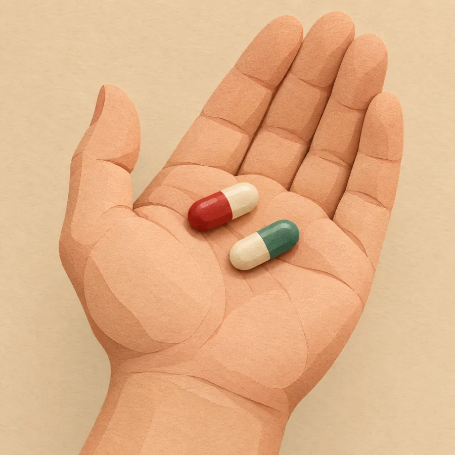 Two capsules resting on an open palm