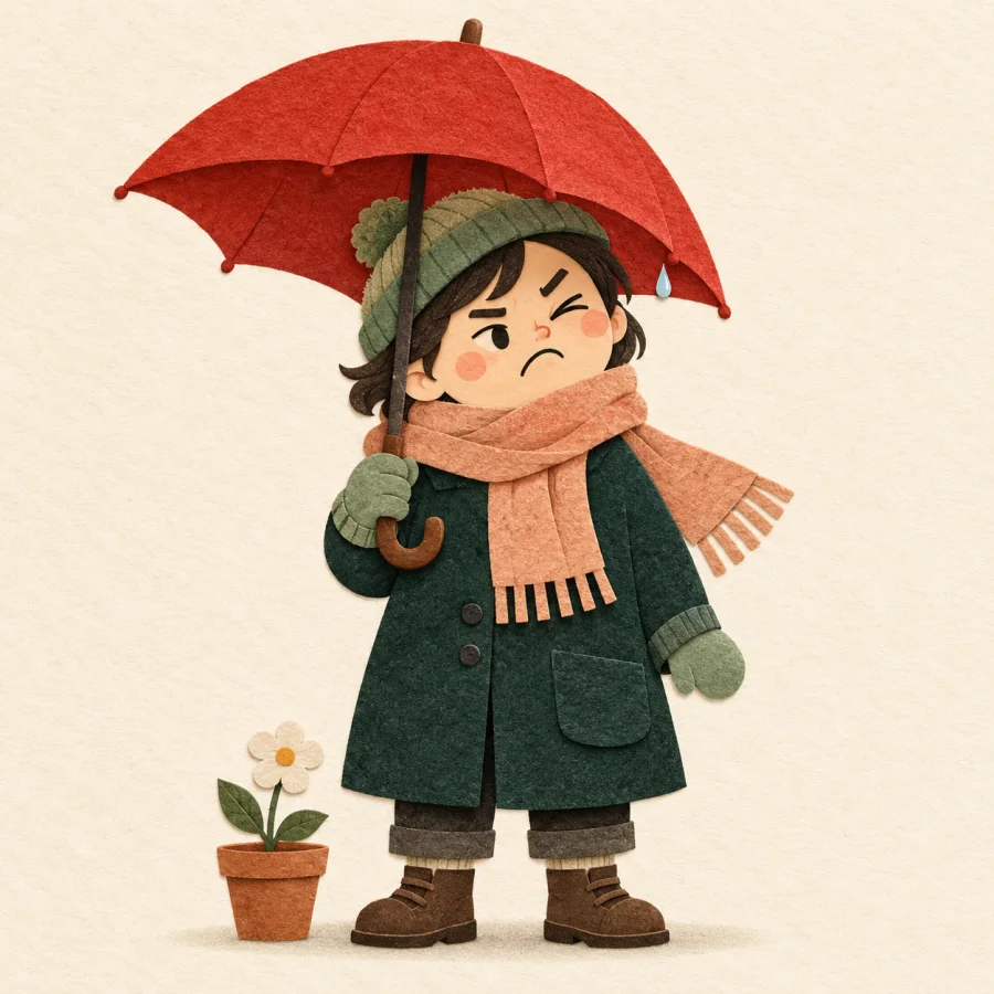 A bundled-up person with an umbrella winces at one raindrop