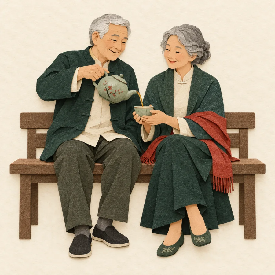 Two older friends share tea on a bench