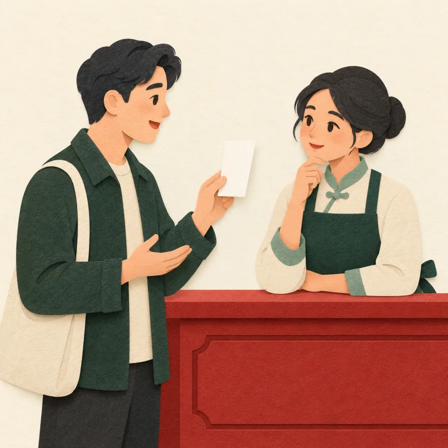 A customer with a receipt talks to a shopkeeper at a counter