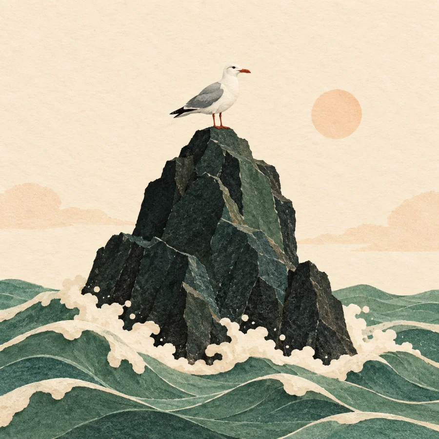A dark rock among waves with a seagull perched on top