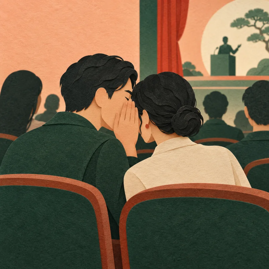 Two people lean together whispering among seated listeners