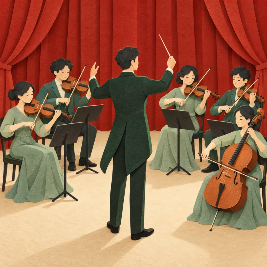 A conductor facing a semicircle of musicians in a hall