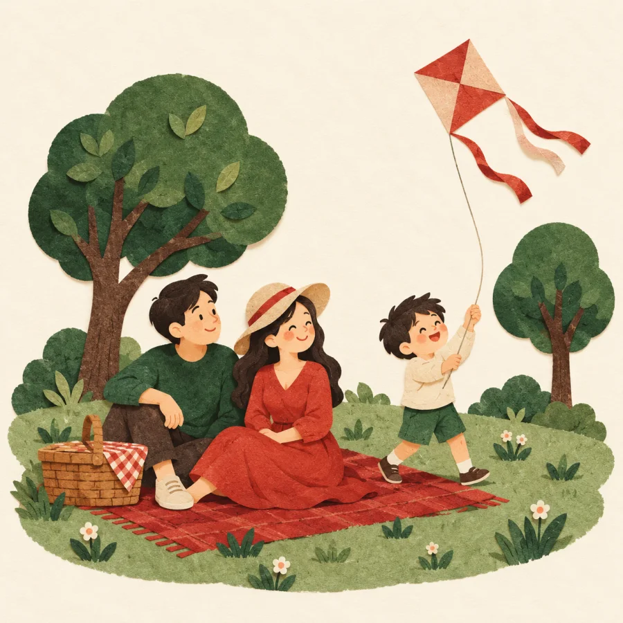A family on a meadow with a basket, a child flying a kite