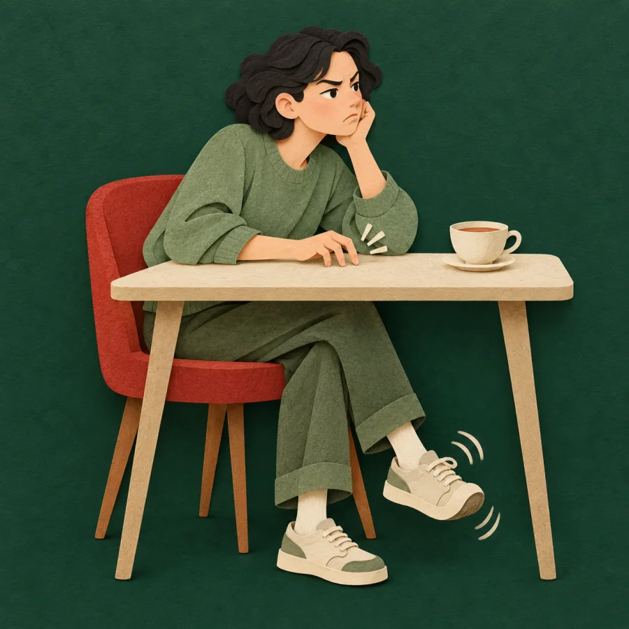 A person drums their fingers on a desk, frowning