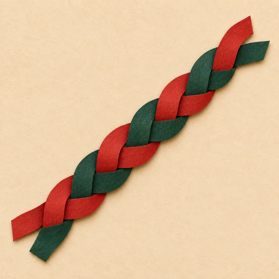 A red ribbon and a green ribbon braided together