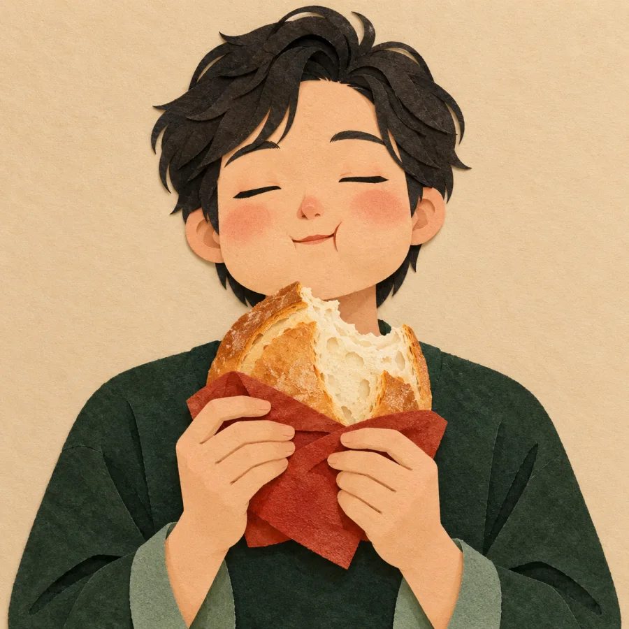 A person with puffed cheeks chews a big piece of bread