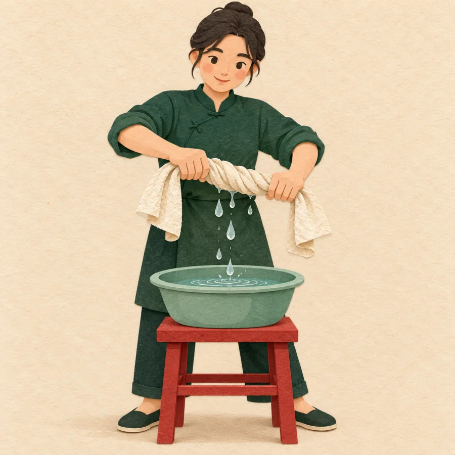 A person wrings out a wet towel over a basin