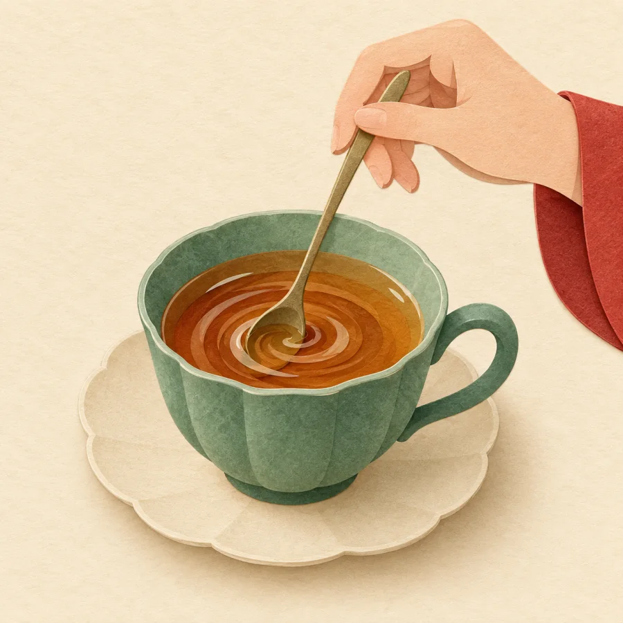 A hand stirs tea with a spoon, making a swirl in the cup