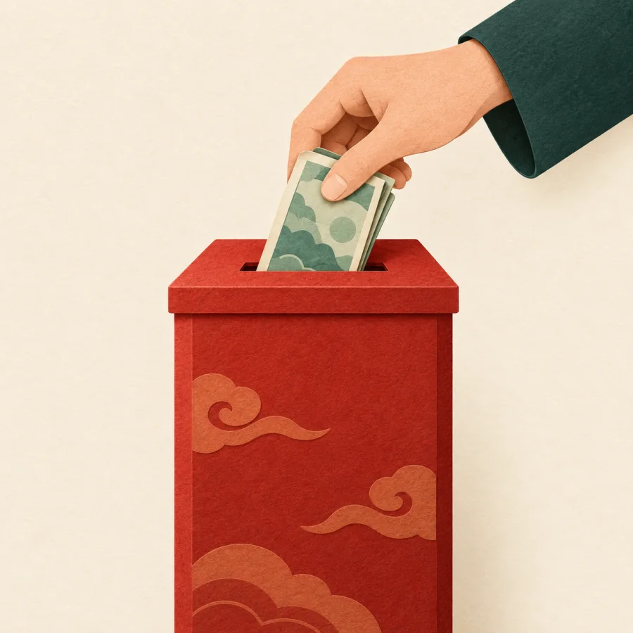 A person drops bills into a red box with a slot
