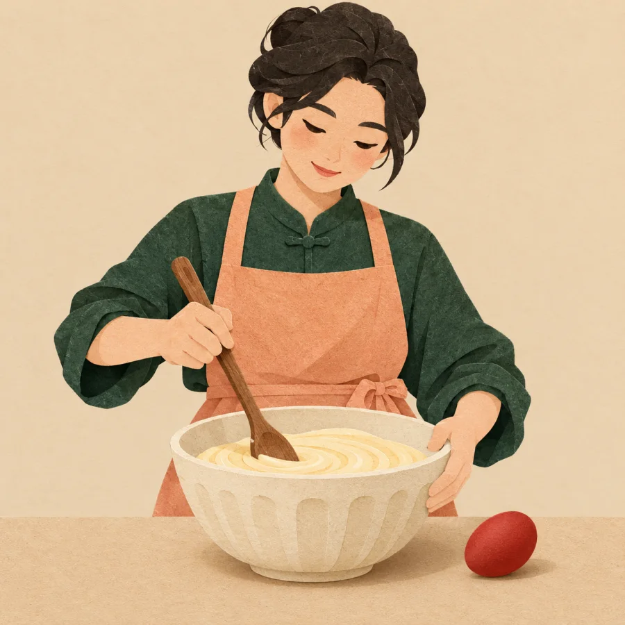 A person in an apron stirs batter in a big bowl
