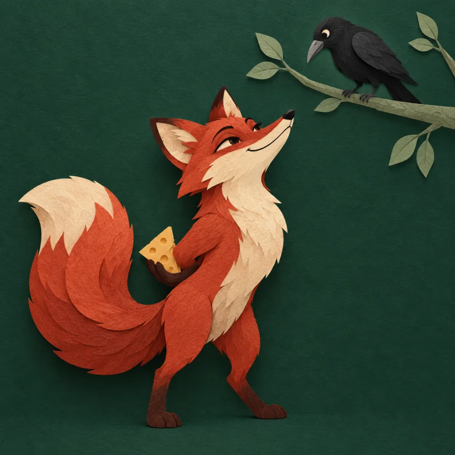 A fox smiles slyly, holding cheese behind its back