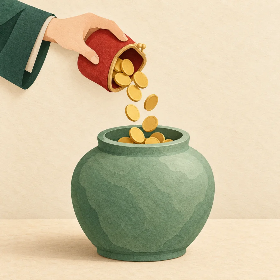 A person pours coins from a purse into a big jar
