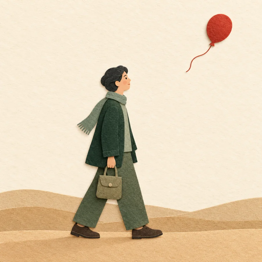 A person walks steadily on a path while a balloon floats away