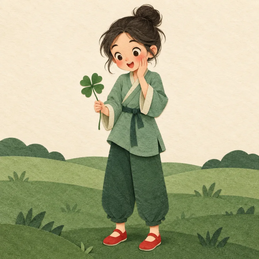 A person finds a four-leaf clover with wide eyes