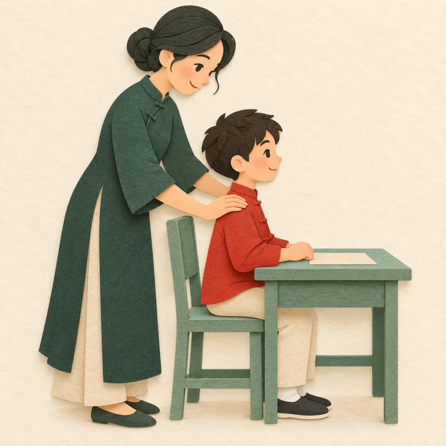 An adult straightens a child's slouched back at a desk