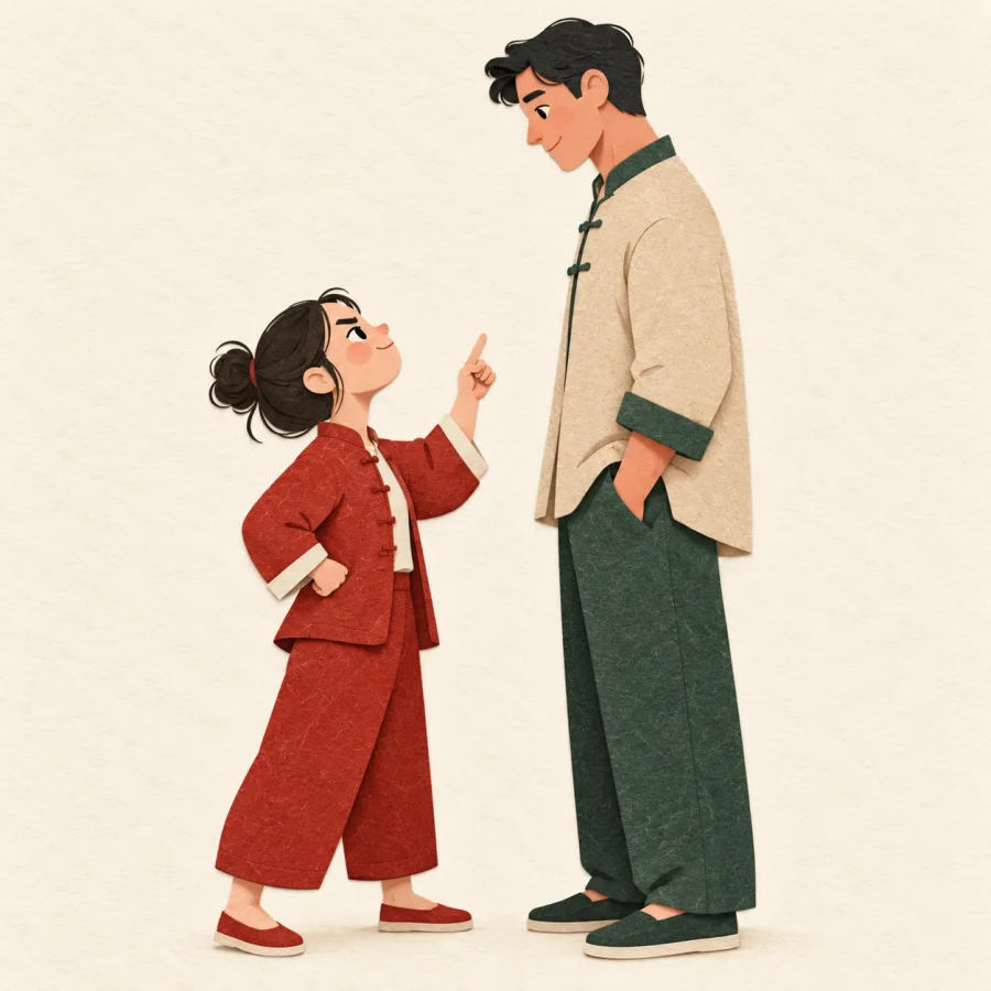 A small person boldly points up at a much taller one