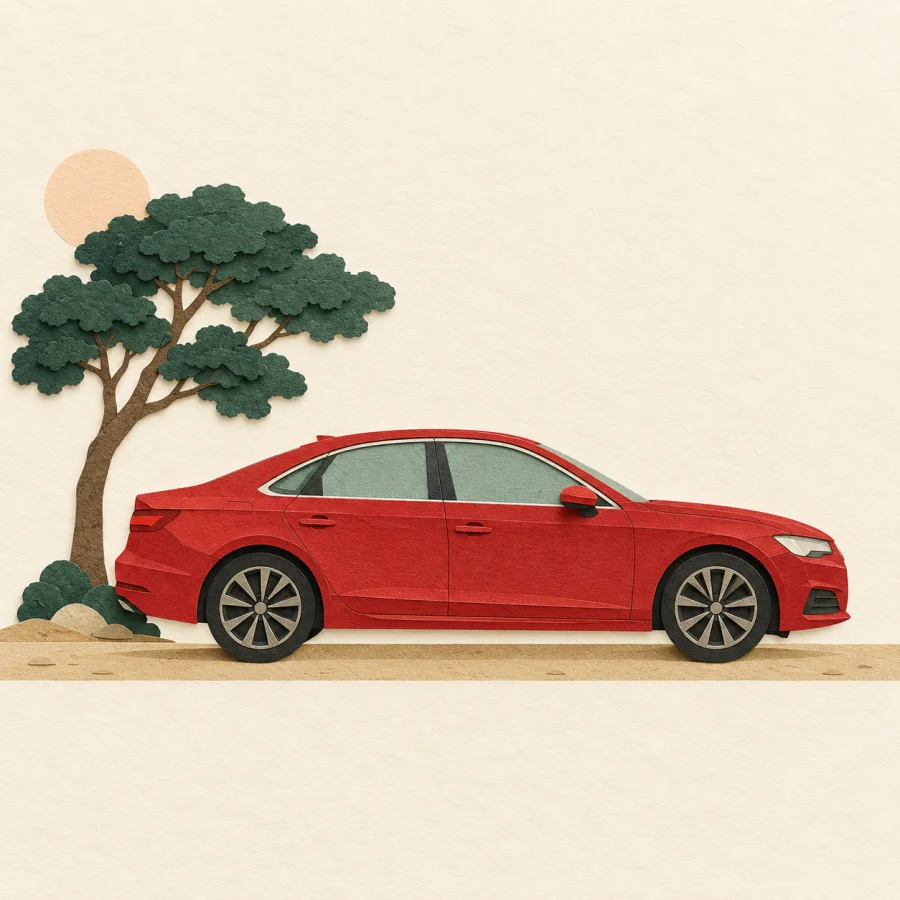 A red sedan on a road beside a single tree