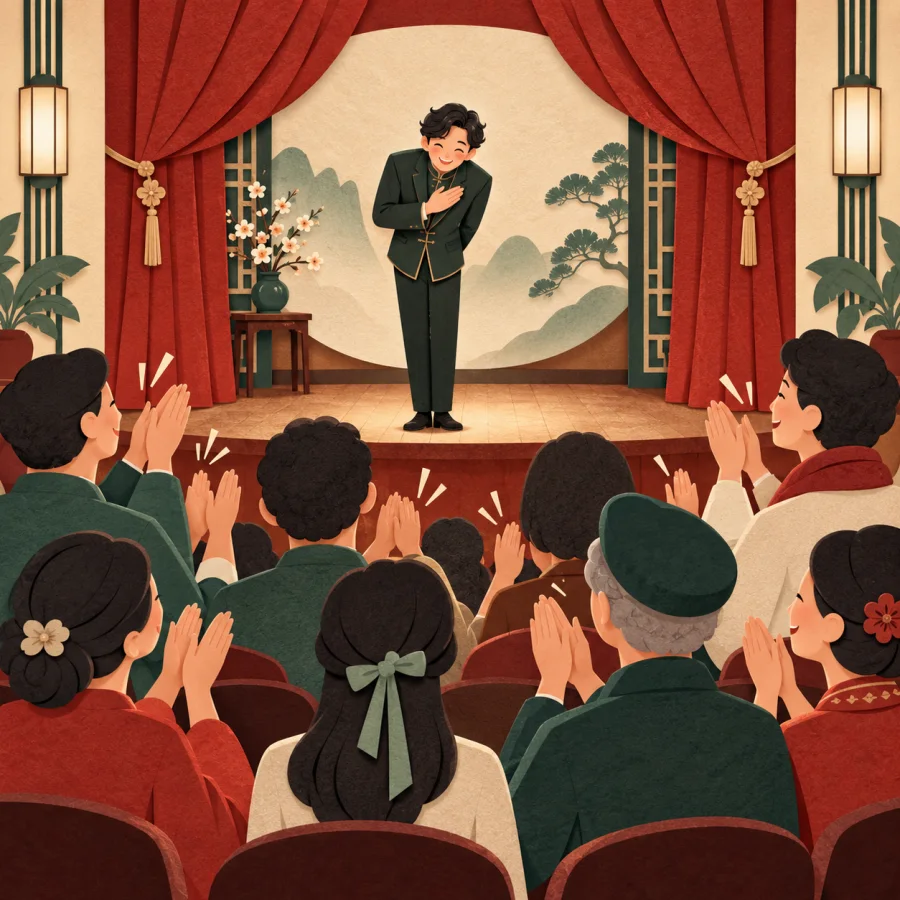 Audience members clap and cheer a performer on stage