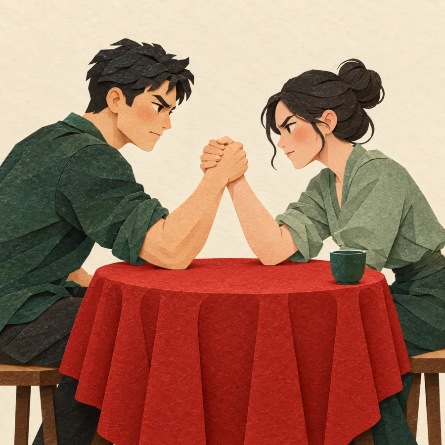 Two people arm wrestle at a table, neither giving way