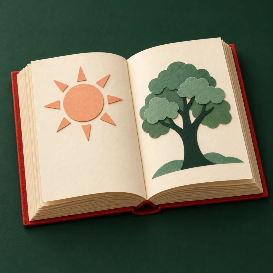 A thick open textbook on a desk with a drawing of the sun