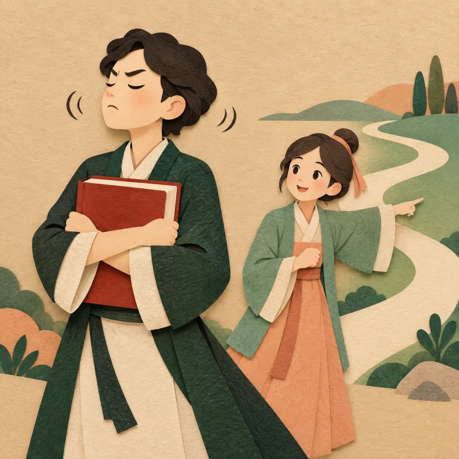 A stiff person hugs a book and refuses a different path