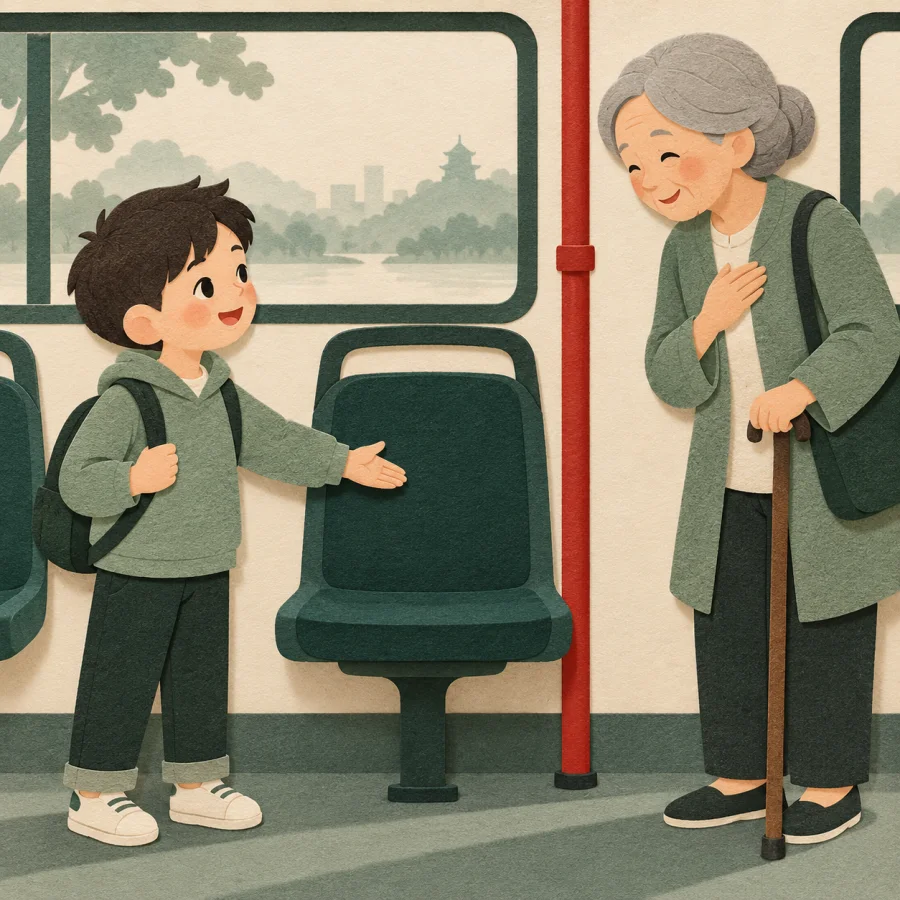A child gives up a bus seat to an older person