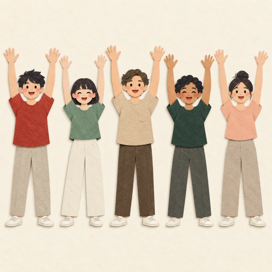 Five people all raise their hands at the same moment