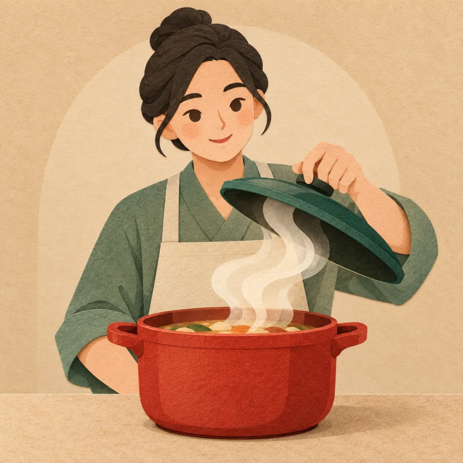 A person lifts the lid off a steaming pot