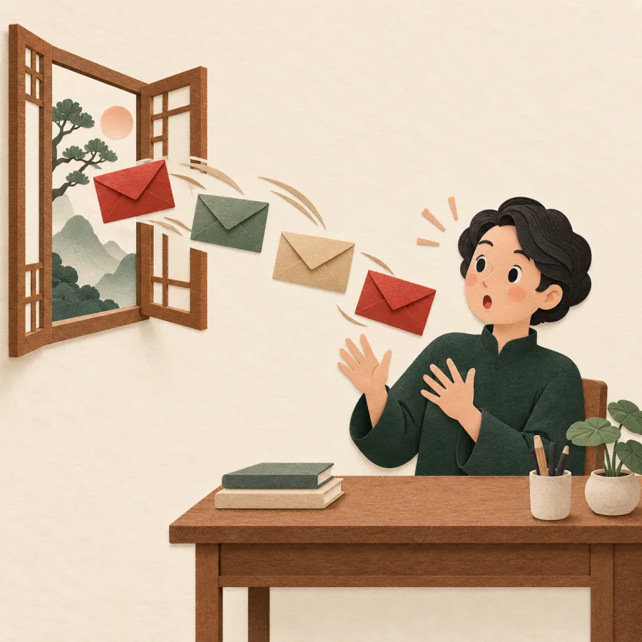 Coloured envelopes fly in through a window one after another