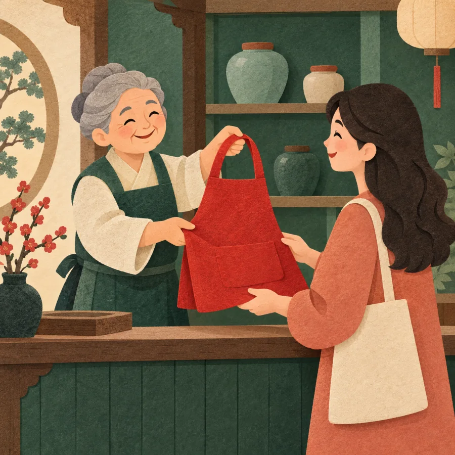 An older shopkeeper hands an apron to a young person
