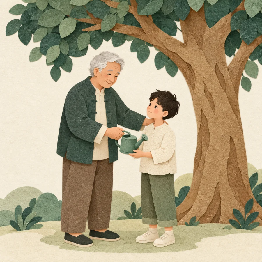 An older gardener hands a watering can to a young person