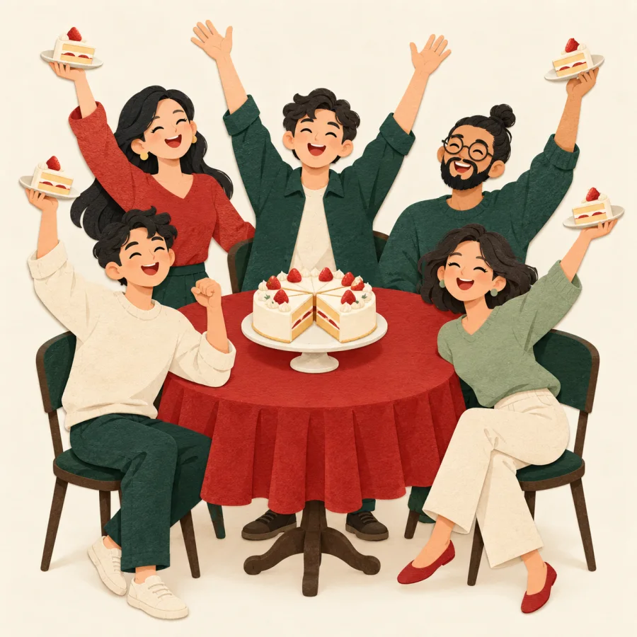 Five smiling people share a cake around a table