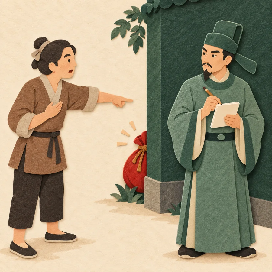 A person points to a hidden sack and tells an official