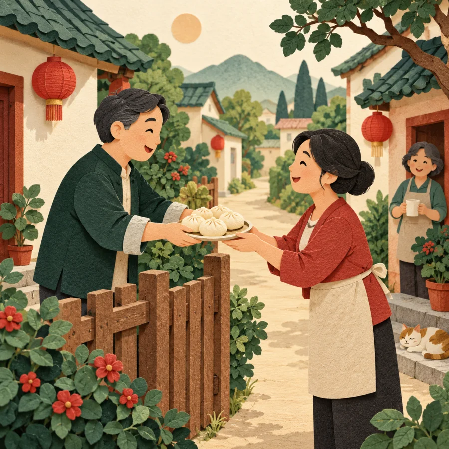 Neighbours chat over fences, one passing a plate