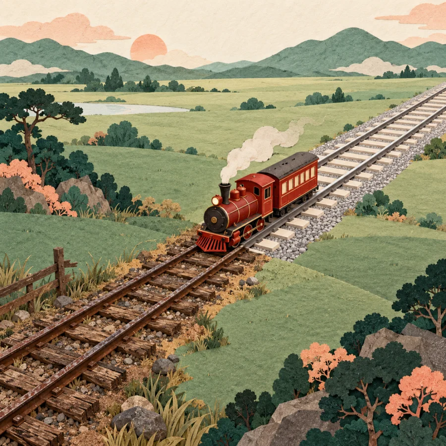 Two railway tracks join smoothly with a train on them